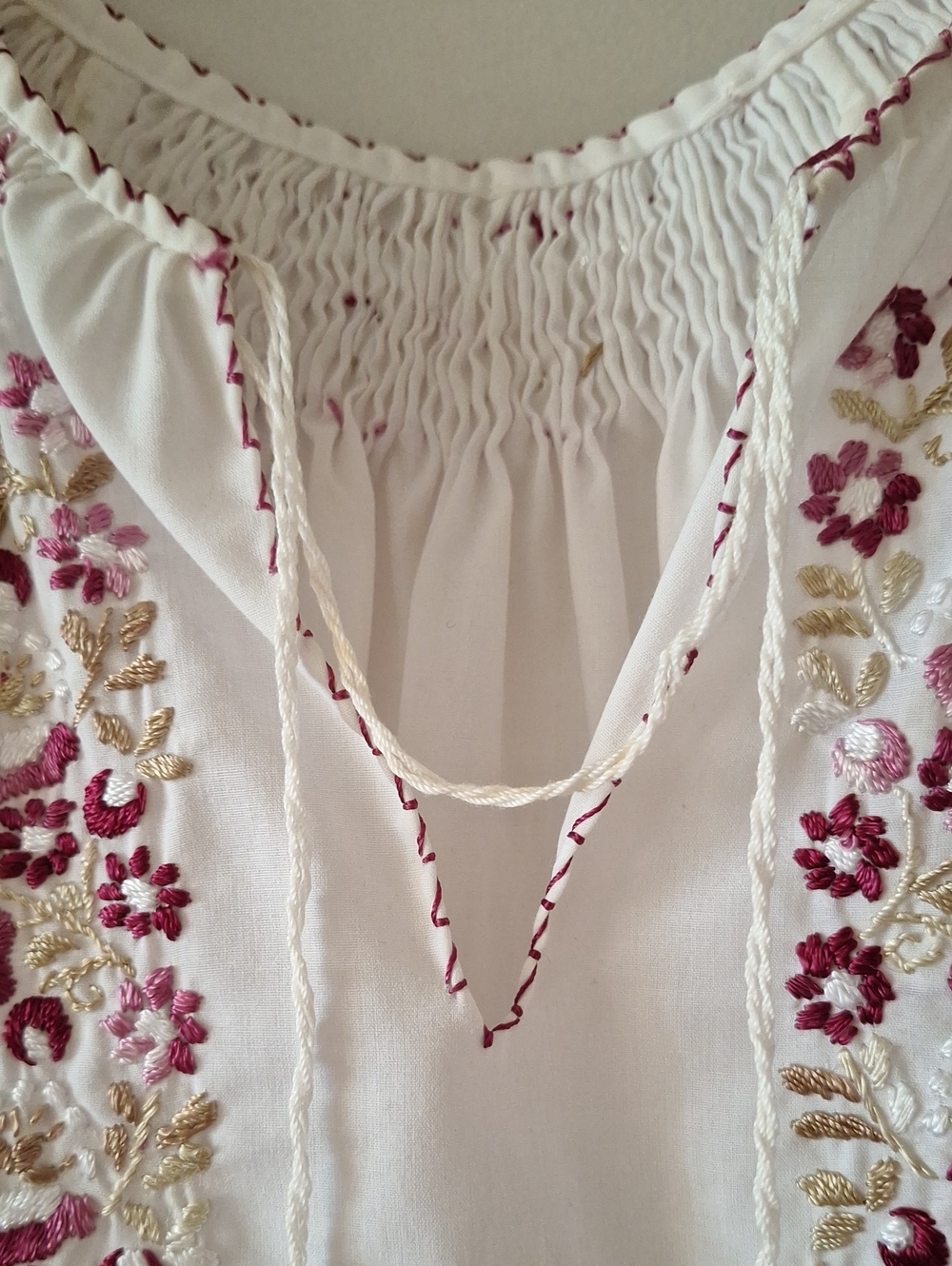 Hand-embroidered Cotton Peasant Blouse with Floral Detail - Made In Hungary